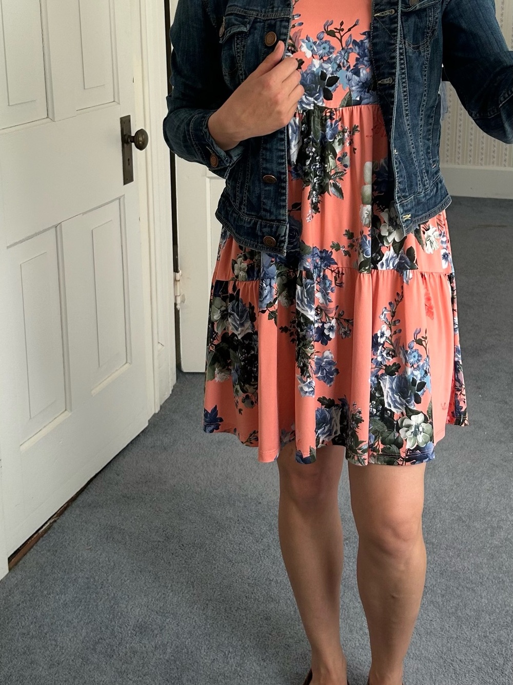 Floral Coral Tiered Midi Dress